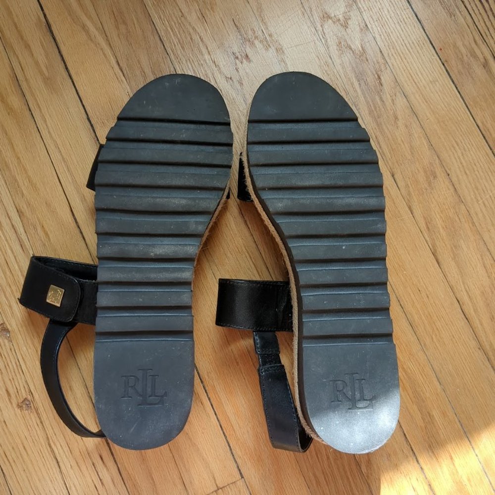 Lauren Ralph Lauren Leather Sandals Black Chunky Heel Platform Espadrille Size 8 - Picture 6 of 8